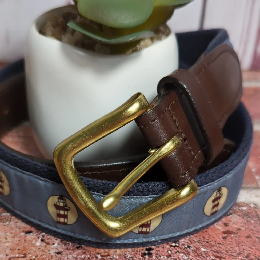 Vineyard Vines Lighthouse Belt Brown Leather and Blue‎ Canvas Size 32 Nautical